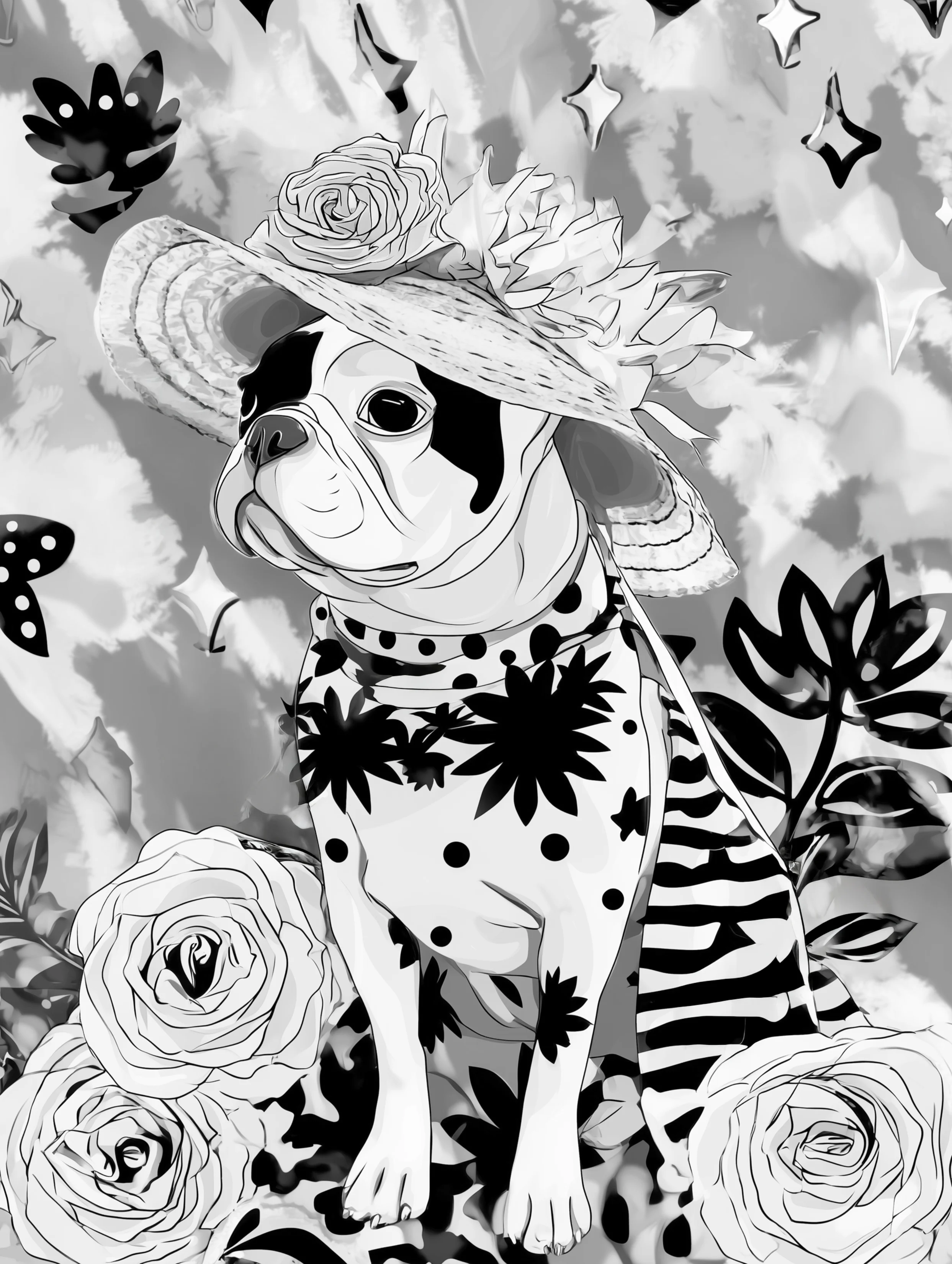 Free printable french bulldog coloring page featuring a french bulldog posing with a sun hat